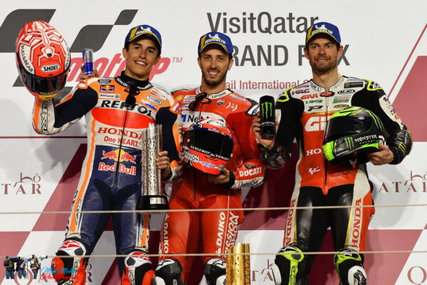 MARC MARQUEZ SPA / ANDREA DOVIZIOSO ITA / CAL CRUTCHLOW GBR Podium MotoGP GP Qatar 2019 (Circuit Losail) 08-10.03.2019 photo: MICHELIN